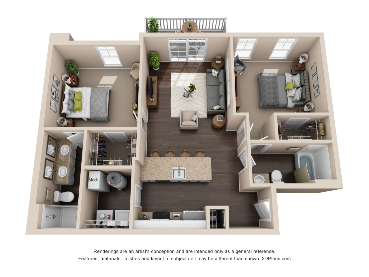 Floor plan for 2 beds, 2 baths, 1048 sqft